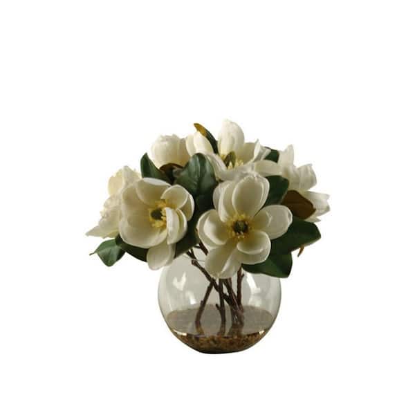 18 in. White Indoor Artificial Assorted Flowers Magnolia in Clear Glass Bubble Bowl