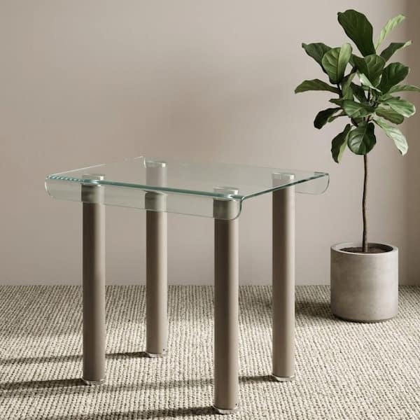 Madel 17.75 in. Champagne Rectangular Glass End Table with Metal Tube Legs and Chrome Accents
