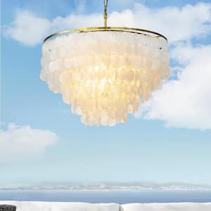 25.6 in. 6-Light Coastal Natural Capiz Shell Tiered Antique Gold Chandelier With Round Natural Seashell