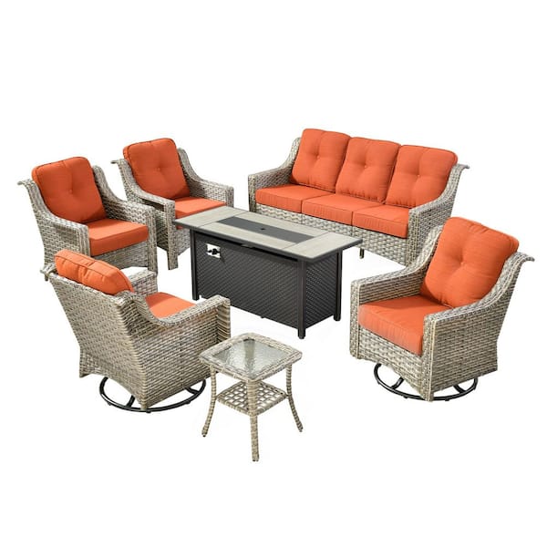 Eureka 7-Piece Wicker Patio Conversation Sofa Swivel Chair Set with Metal Fire Pit Table and Orange Red Cushions