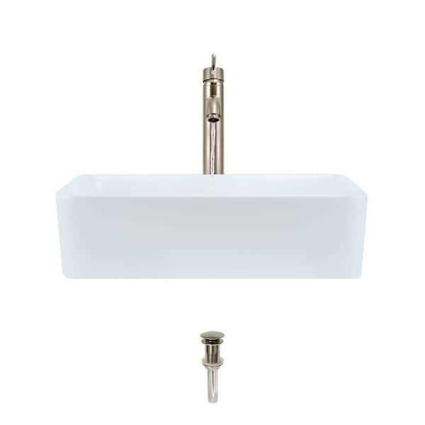 MR Direct Porcelain Vessel Sink in White with 718 Faucet and Pop-Up Drain in Brushed Nickel