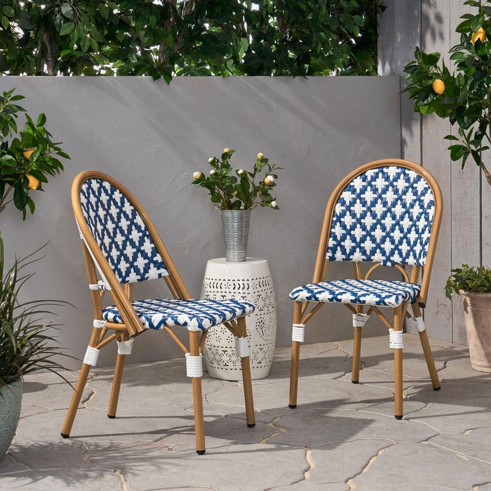 Blue and White Bamboo Print Outdoor Bistro Chair Set