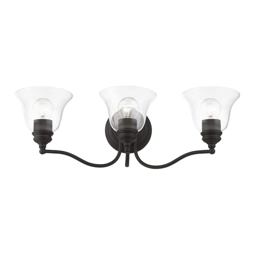 Moreland Transitional 3-Light Vanity Sconce in Black with Hand Blown Glass