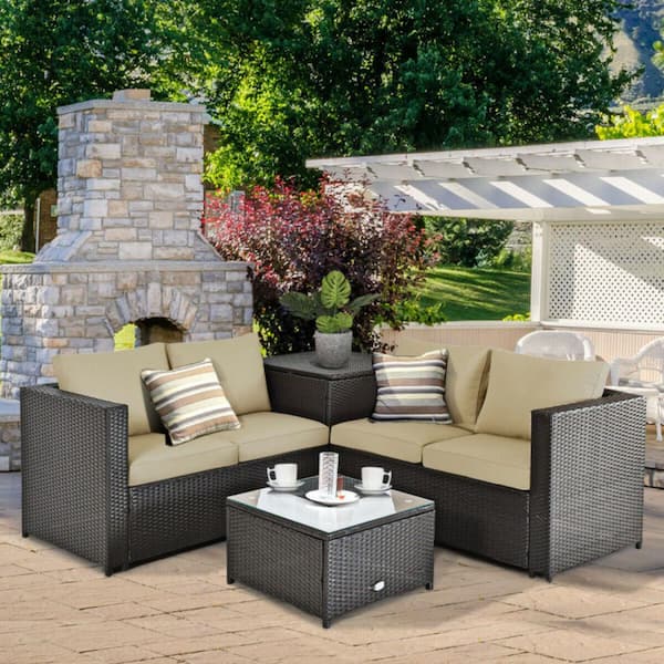4-Piece Outdoor Patio Rattan Furniture Set with Storage Box and Cushion in Brown