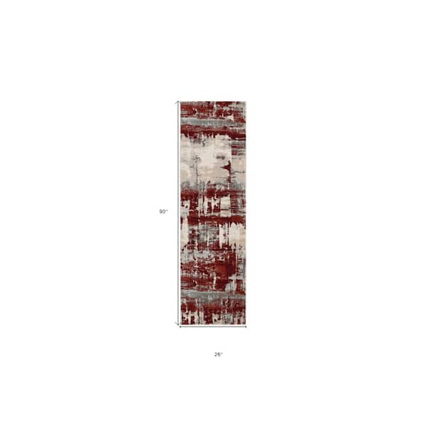 8' Ivory Red and Gray Abstract Non Skid Runner Rug
