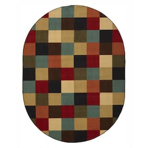 Ottohome Collection Non-Slip Rubberback Checkered Design 5x7 Indoor Oval Area Rug, 5 ft. x 6 in. 6 in., Multicolor