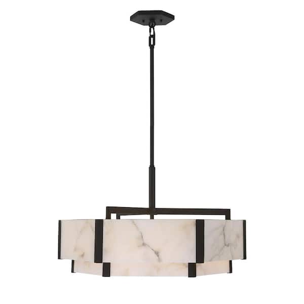 Orleans 24.28 in. W x 15.5 in. H 6-Light Black Cashmere Pendant Light with Natural Alabaster Stone, No Bulbs Included
