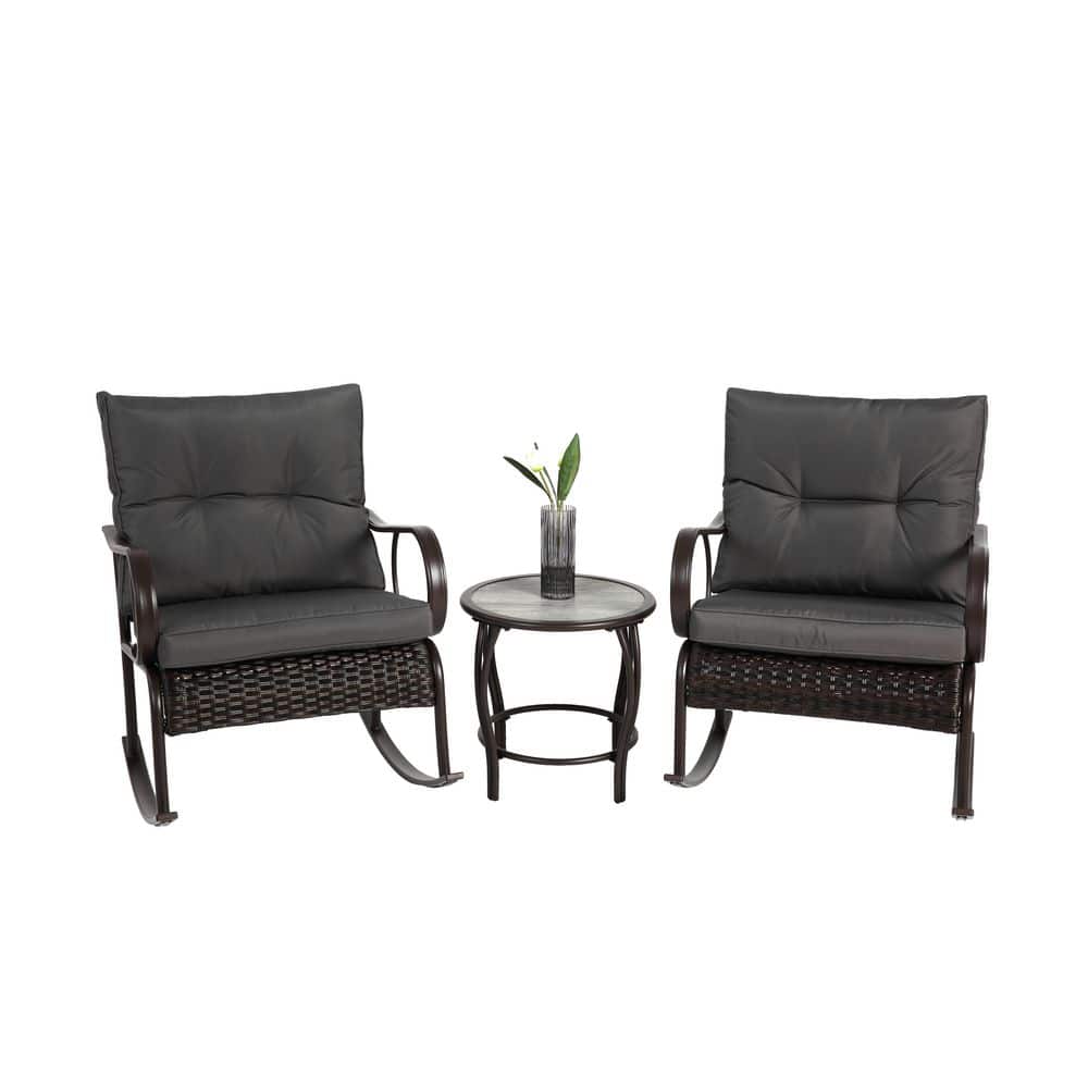 3-Piece Metal Patio Outdoor Rocking Chair Set with Dark Gary Thickened Cush