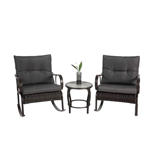 Unbranded 3-Piece Metal Patio Outdoor Rocking Chair Set with Dark Gary Thickened Cushions and Glass Side Table for Backyard
