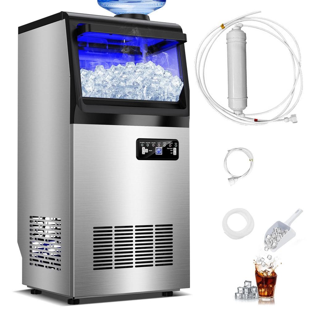 13.8 in. 130 lbs./24H Full Size Ice Cubes Freestanding Ice Maker in Silver Bottled or Tap Water Sources with Filter