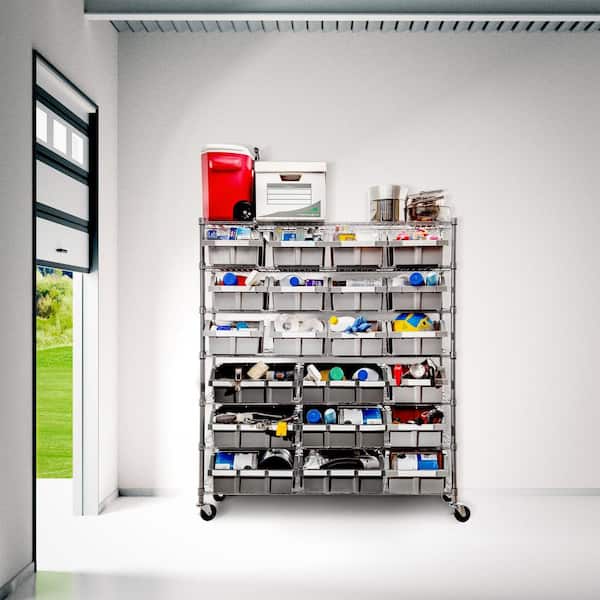 Gray 6-Tier Boltless Bin Storage System Garage Storage Rack (22 Plastic  Bins in 6 Tier)