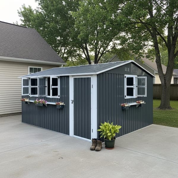12x10 FT Coal Gray Metal Heavy Duty Outdoor Storage Shed with 3