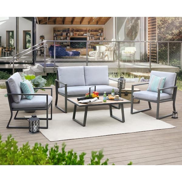 Zeus & Ruta 4-Piece Grey Iron Patio Outdoor Conversation Set with Light Grey Cushions, 2-Single Chair, Loveseat and Coffee Table
