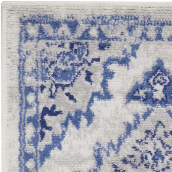 7' X 10' Ivory Blue and Gray Abstract Distressed Non Skid Area Rug