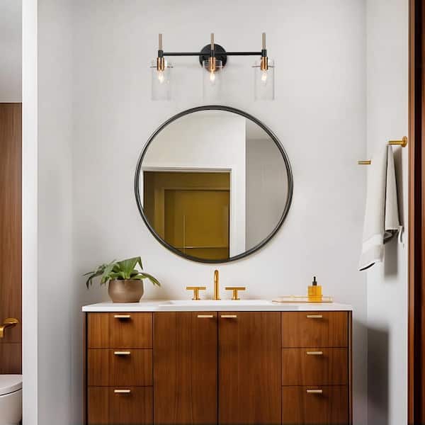 19.5 in. 3-Light Modern Brass Vanity Light, DIY Black Industrial Bathroom Wall Sconce with Cylinder Clear Glass Shades
