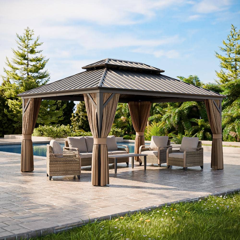 16 ft. W x 12 ft. D Outdoor 2-Tier Hardtop Gazebo w/ Privacy Curtain Mosquito Net Aluminum Frame Dual-Roof Ceiling Hook price history on PriceWatchPro