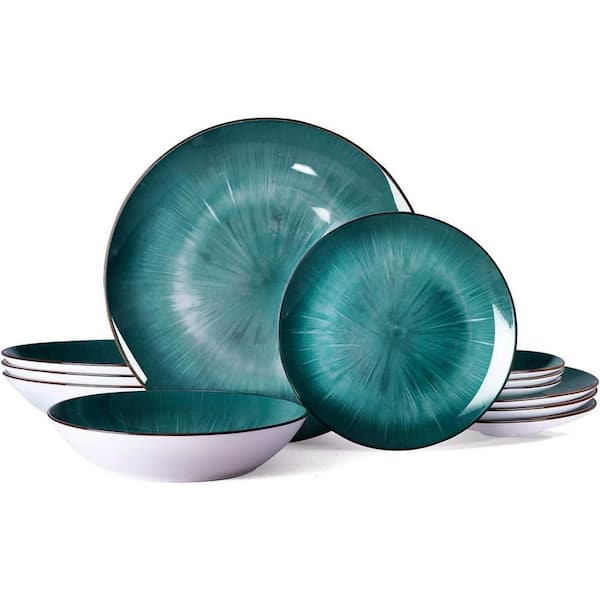 12-Piece Green Porcelain Dinnerware Set (Service for 4), Chip Resistant, Dishwasher Microwave Safe, Lead-Free Non-Toxic