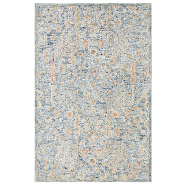LR Home Glenis Blue/Ivory/Taupe 9 ft. x 12 ft. Traditional Abstract Floral Wool Hand Tufted Area Rug