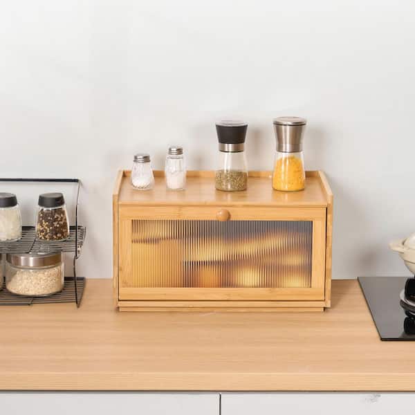 1-Piece Large Capacity, Bamboo, Farmhouse Wooden, Acrylic Wavy Door Panel Kitchen Bread Box Set for Homemade Bread