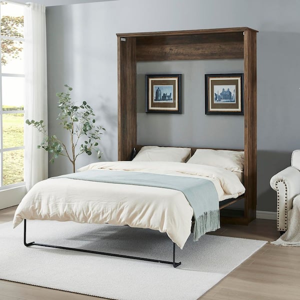 Harper & Bright Designs Brown Wood Frame Queen Size Murphy Bed, Perfect for Guest Room, Bedroom, Guest Room, Home Office