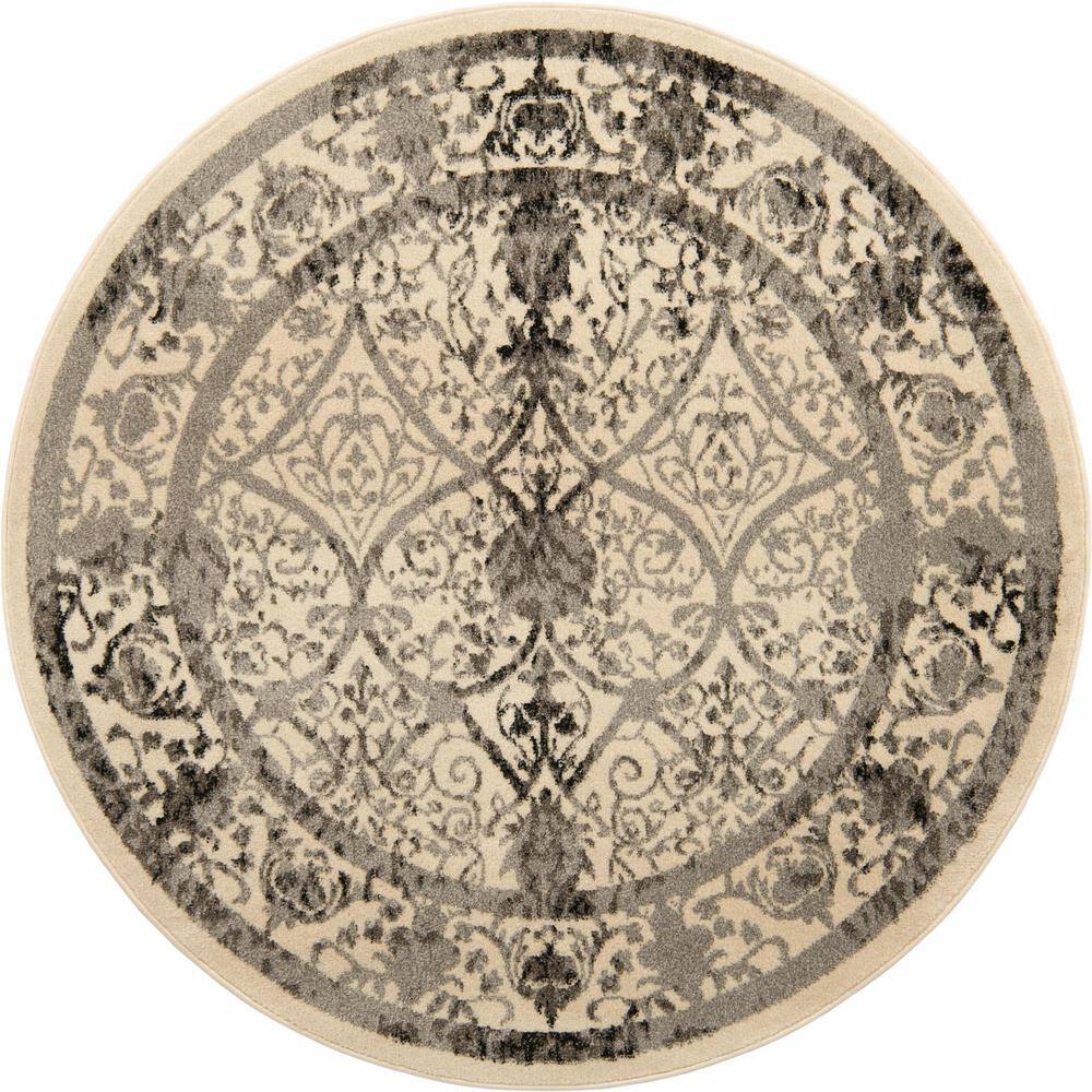 Miranda Ivory and Gray Round Synthetic Easy-Care Rug, 6' Diameter