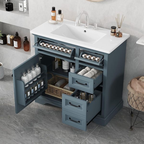 36 in. Single Sink Freestanding Blue Gray Bath Vanity with White Ceramic Top and 4 Drawer Storage Cabinet Unassembled