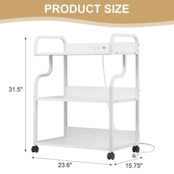 31.5 in. Rolling Side Table with Charging Station, Accent Storage Cabinet, 3-Tier Printer Stand on Wheels, White Style 1