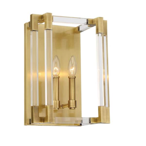 Metropolitan Prima Vista 2-Light Aged Antique Brass Wall Sconce with Clear Acrylic Accents