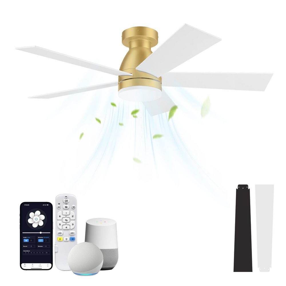 42 in. Smart Outdoor Indoor White Flush Mount Ceiling Fan with Lights Remote, Controll by Voice Alexa App, Quiet