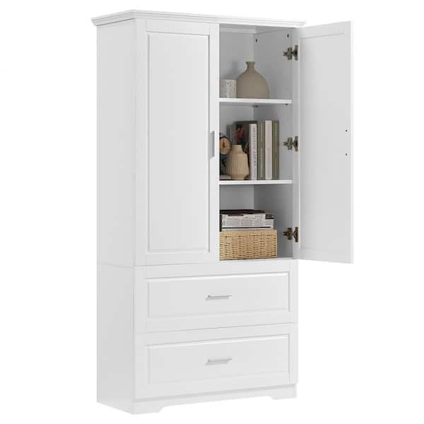 White 32 in. Pantry Cabinet Storage Cabinet with Two Doors and Drawers, Adjustable Shelf, MDF Board