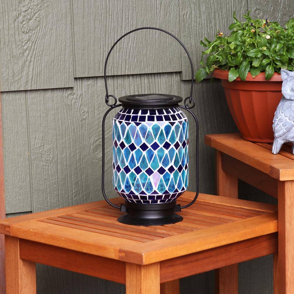 Cool Blue Mosaic Glass Solar LED Outdoor Lantern with Metal Frame