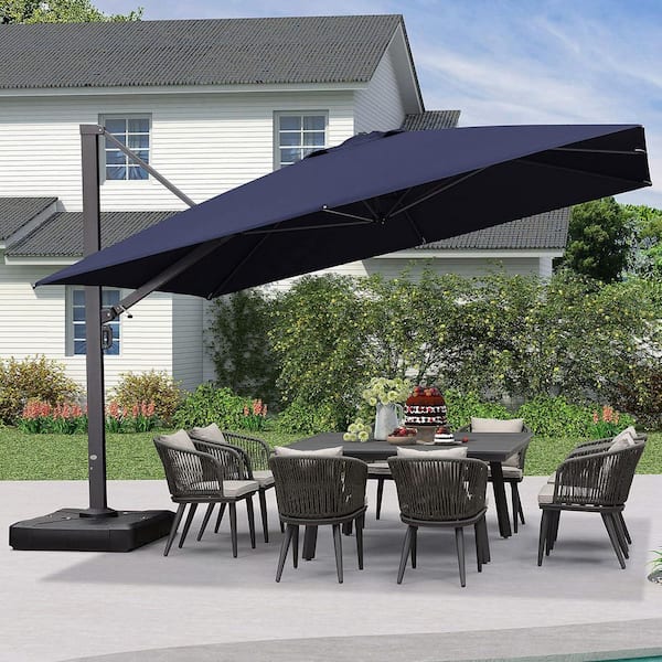 PURPLE LEAF 12 ft. Square Large Outdoor Aluminum Cantilever 360° Rotation Patio Umbrella with Base, Navy Blue