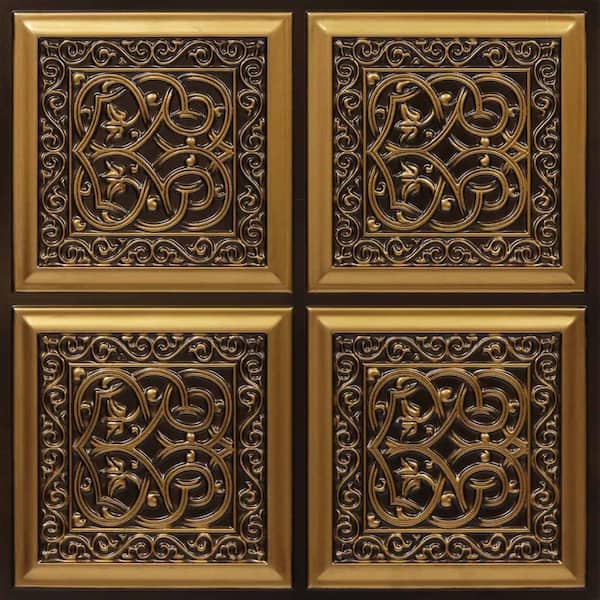FROM PLAIN TO BEAUTIFUL IN HOURS Lover's Knot Antique Gold 2 ft. x 2 ft. Glue Up PVC Faux Tin Ceiling Tile