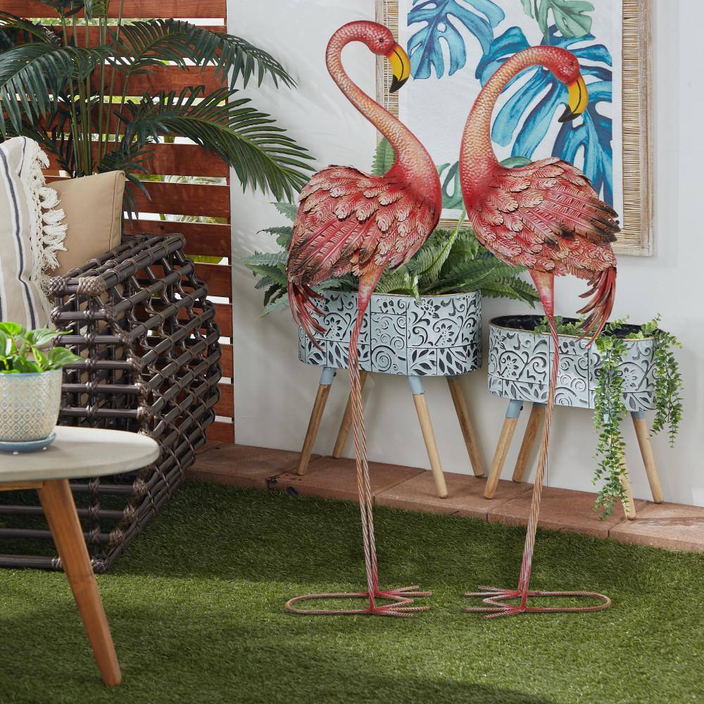 Pink and Yellow Iron Flamingo Garden Sculptures, Set of 2