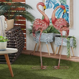 54 in. Oversized Metal Indoor Outdoor Standing Flamingo Garden Sculpture with Coiled U Shaped Feet (2- Pack)