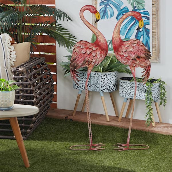 54 in. Oversized Metal Indoor Outdoor Standing Flamingo Garden Sculpture with Coiled U Shaped Feet (2- Pack)