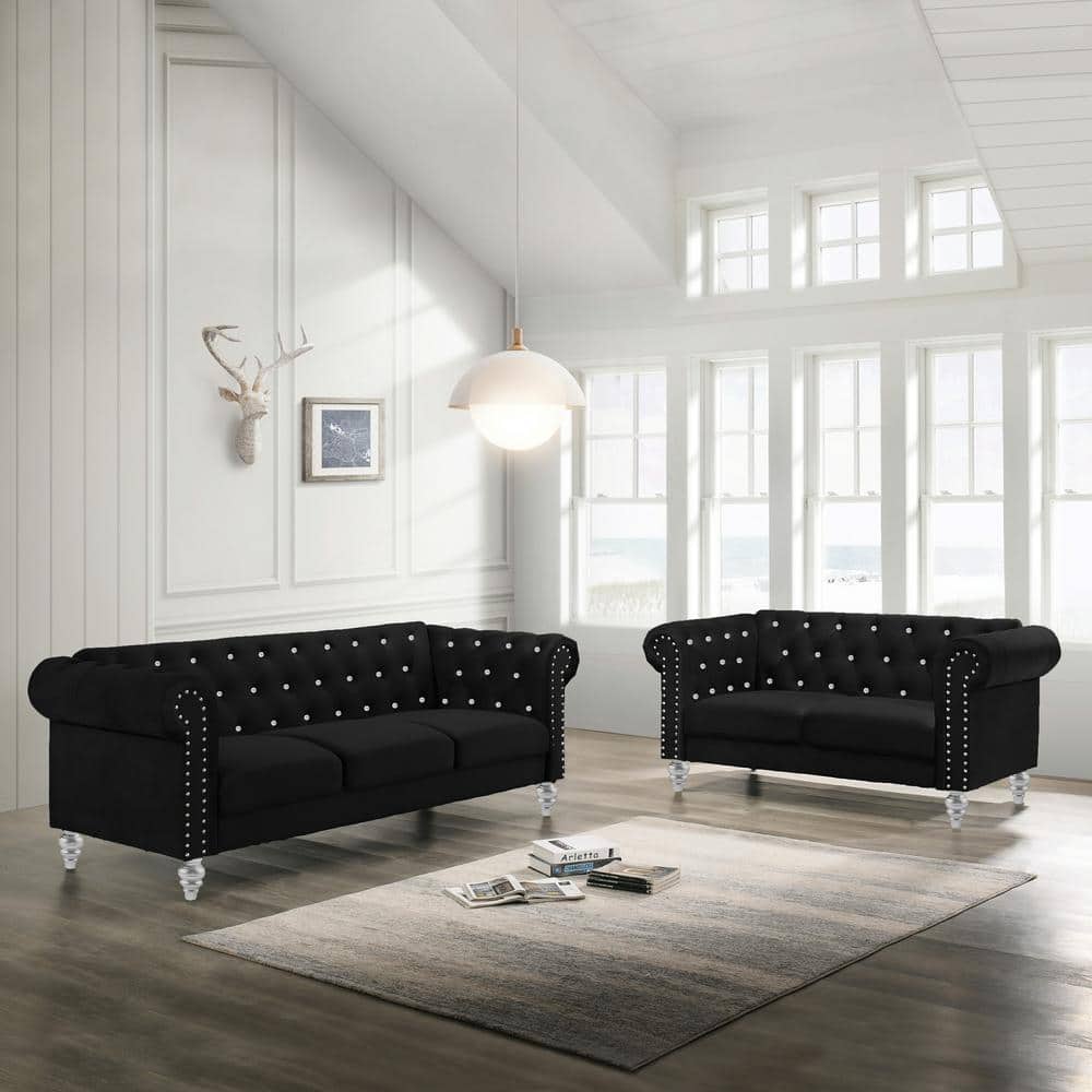 Emma Black Velvet Loveseat and Sofa Set with Silver Accents