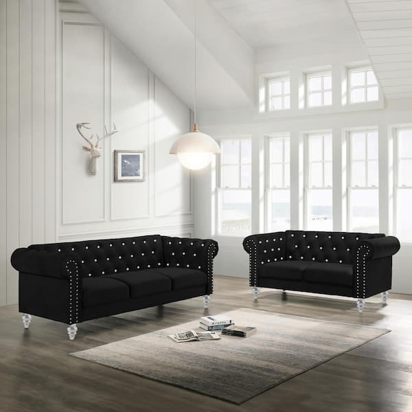 NEW CLASSIC HOME FURNISHINGS New Classic Furniture Emma 2-Piece Black Velvet Living Room Set with Sofa and Loveseat