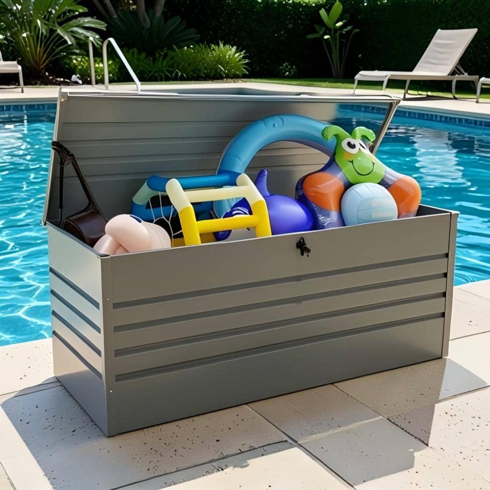 260 Gallon Metal Outdoor Deck Box, Lockable Waterproof Patio Storage Box with Hydraulic Lid for Cushions & Tools