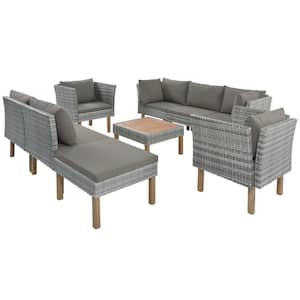 9-Piece Wicker Outdoor Patio Garden Sectional Set Sofa with Gray Bean Cushions