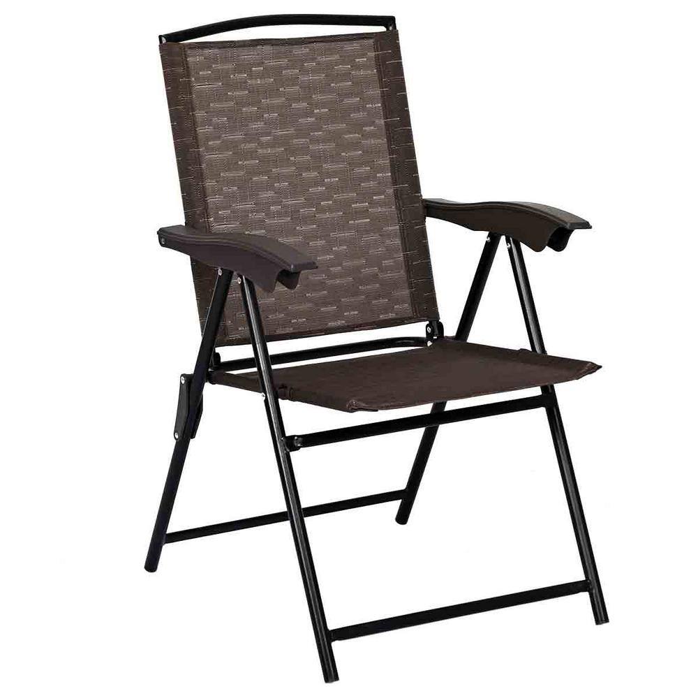 Costway Brown Metal Patio Sling Folding Chair with Adjustable Back (Set