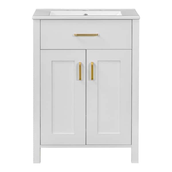 24 in. Single Sink Freestanding White Bath Vanity with White Ceramic Top, U-shaped Adjustable Shelf