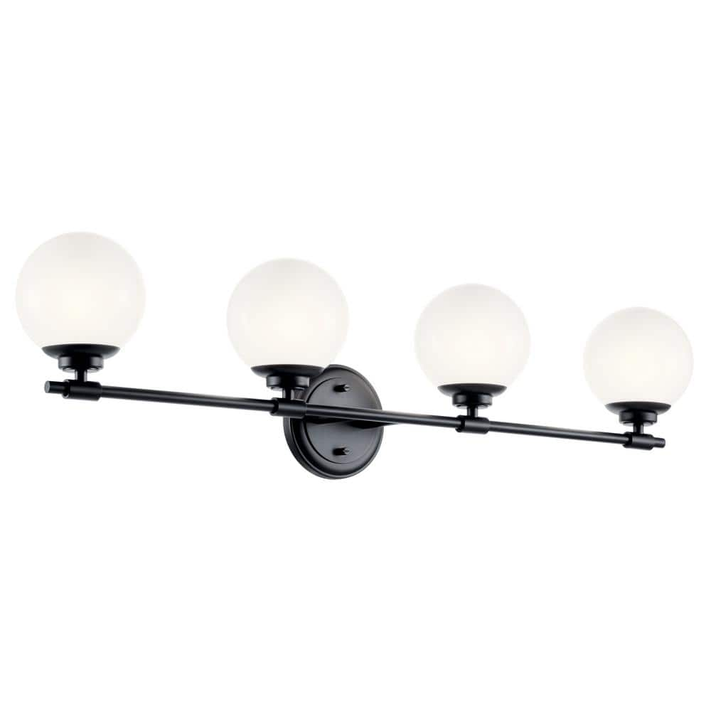 KICHLER Benno 34 in. 4-Light Black Industrial Bathroom Vanity Light with Opal Glass