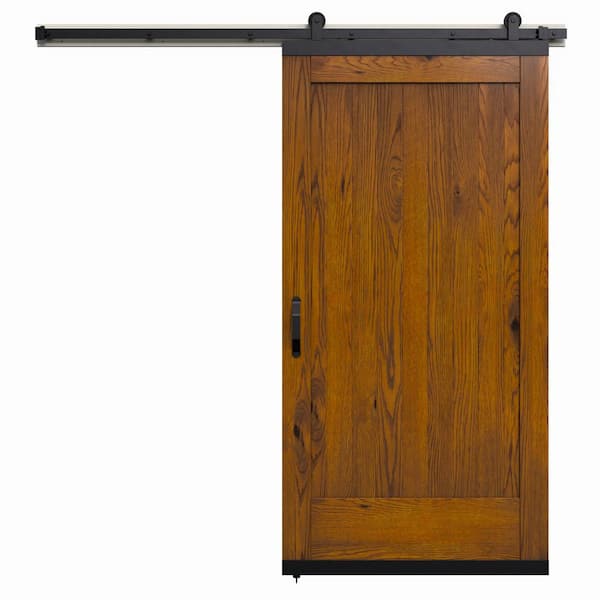 JELD-WEN 42 in. x 80 in. Karona 1 Panel Brown Sugar Stained Rustic White Oak Wood Sliding Barn Door with Hardware Kit