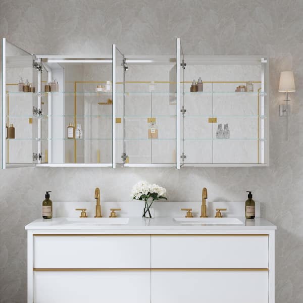 ROSA 64 in. W x 30 in. H Rectangular Aluminum Tri-View Medicine Cabinet with Mirror, Blum Hinge, Adjustable Shelves