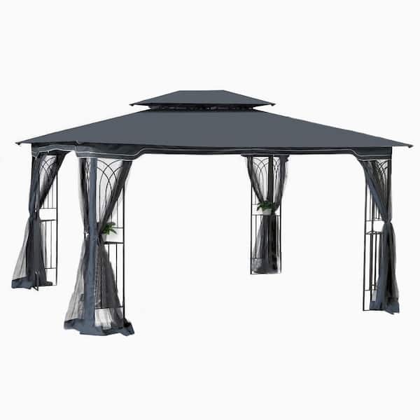Boosicavelly 13 ft. x 10 ft. Outdoor Grey Metal Gazebo With Polyester Double Roof With Mosquito Net