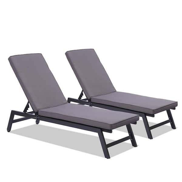 Unbranded Aluminum Outdoor Lounge Chair with and 5-Position Adjustable Recliner for Garden in Gray Cushions (Set of 2)