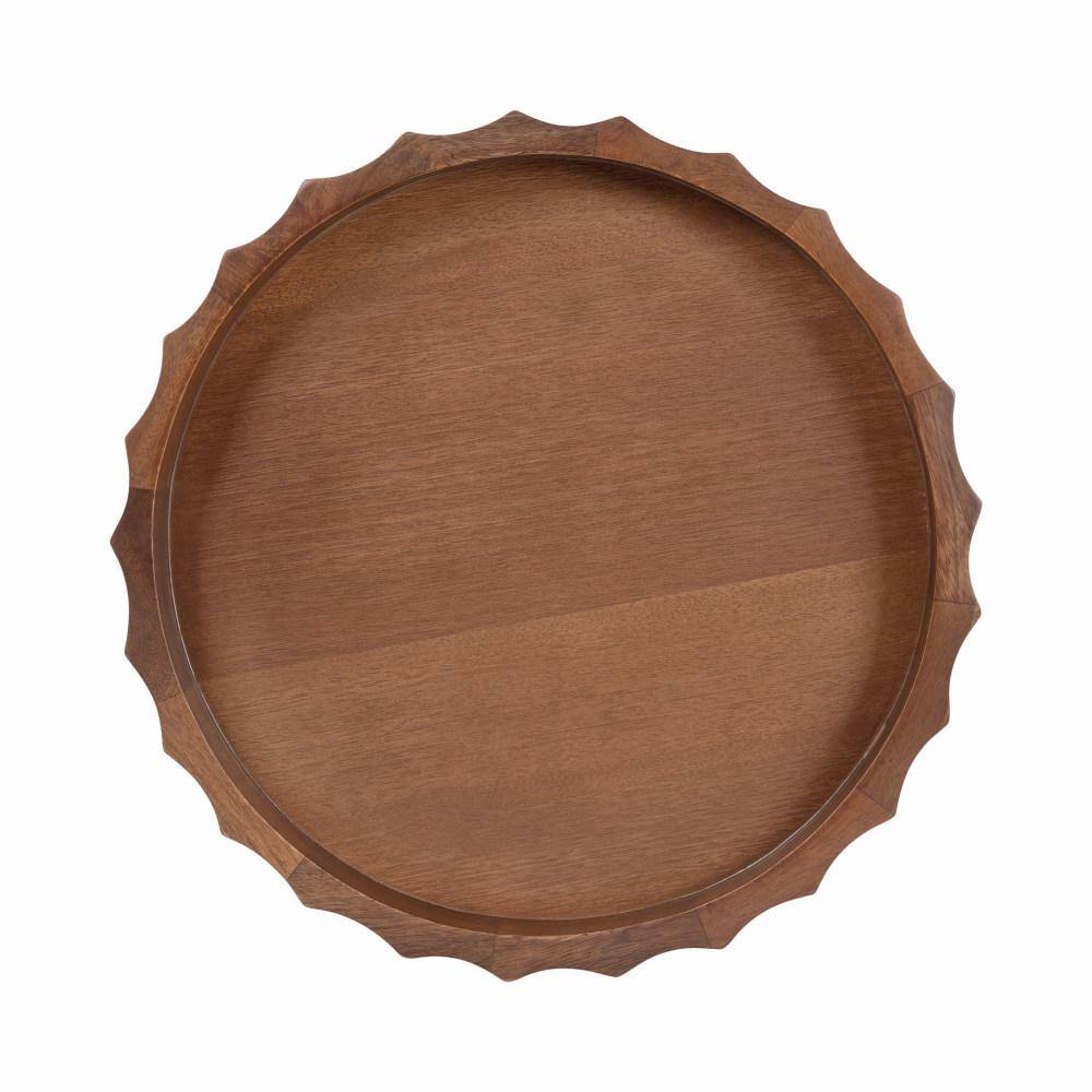 Walnut Brown 15" Round Mango Wood Tray with Wavy Design