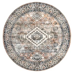 Bowie Machine Washable Tribal Pattern Rust 6 ft. x 6 ft. Indoor Round Rug