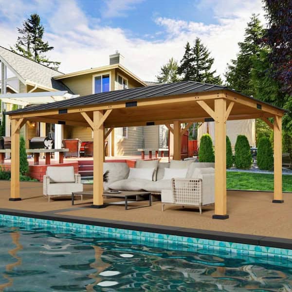 12 ft. x 20 ft. Spruce Wood Gazebo Hardtop, Silent Asphalt Roof Solid Wood Gazebo, for Patio, Lawns, Garden